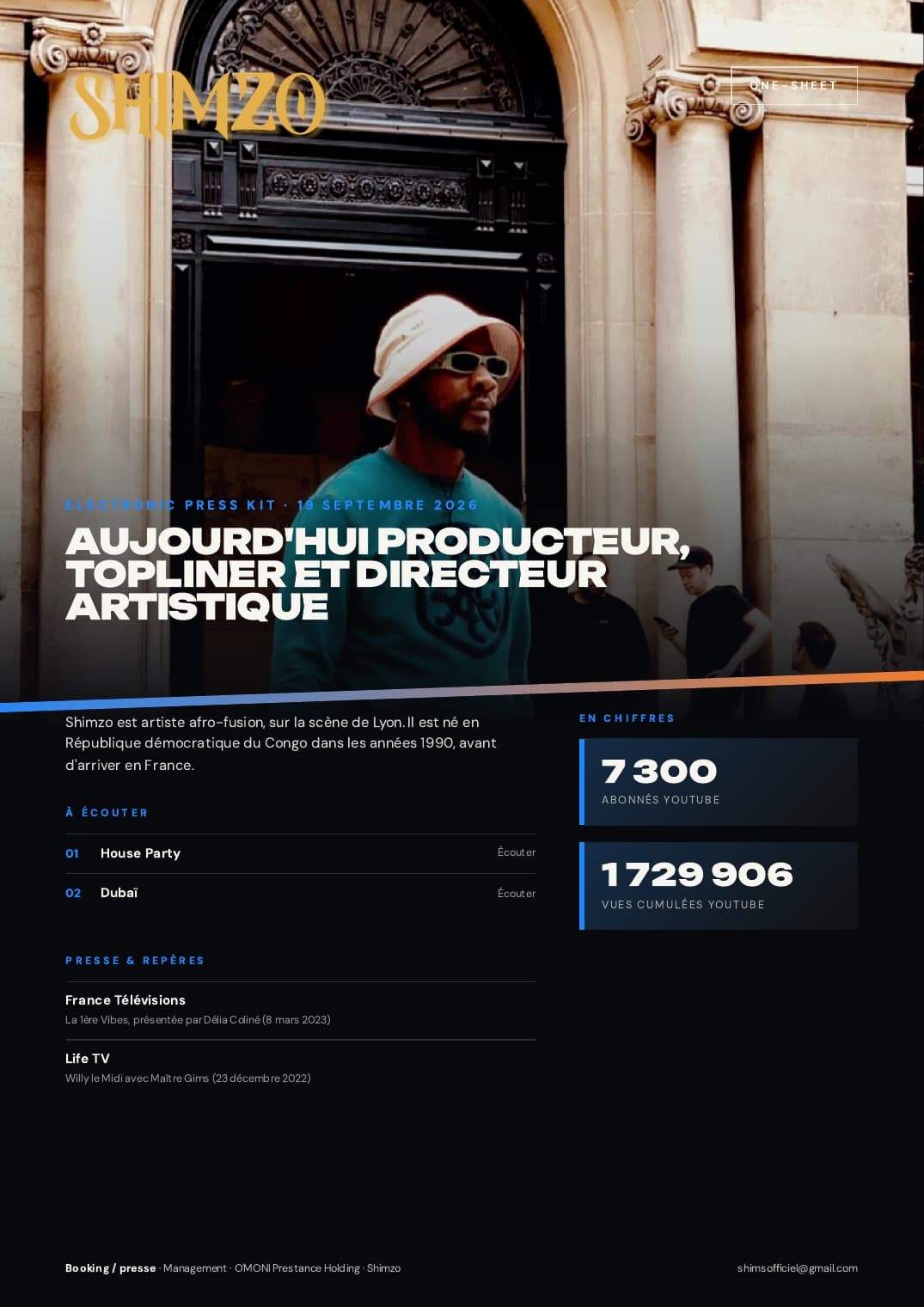 One-sheet professionnel de Shimzo avec sa biographie, ses chiffres et ses repères presse